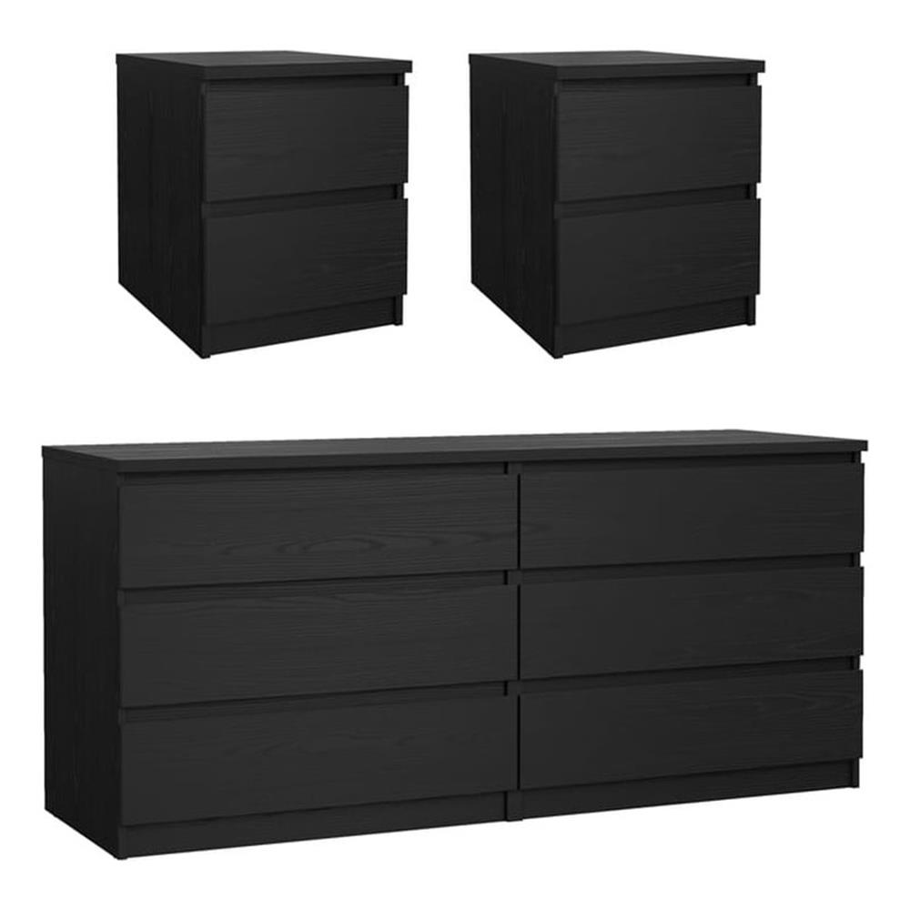 Tvilum Naia Black Woodgrain 3-Piece Bedroom Set- 6 Drawer Double Dresser & Ni…