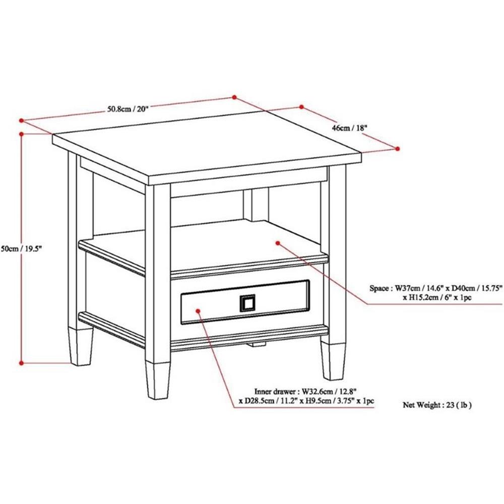 Warm Shaker SOLID WOOD 20" W Rectangle End Table in Warm Walnut Brown - Picture 7 of 8