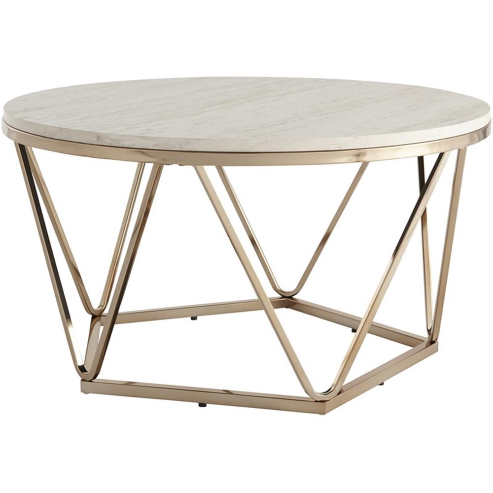 Maklaine Transitional 33″ Round Faux Stone Top Coffee Table in Champagne