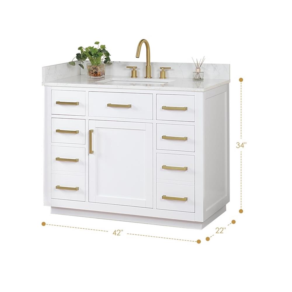 Gavino 42″ Wood Vanity in White with Composite Stone Top no Mirror