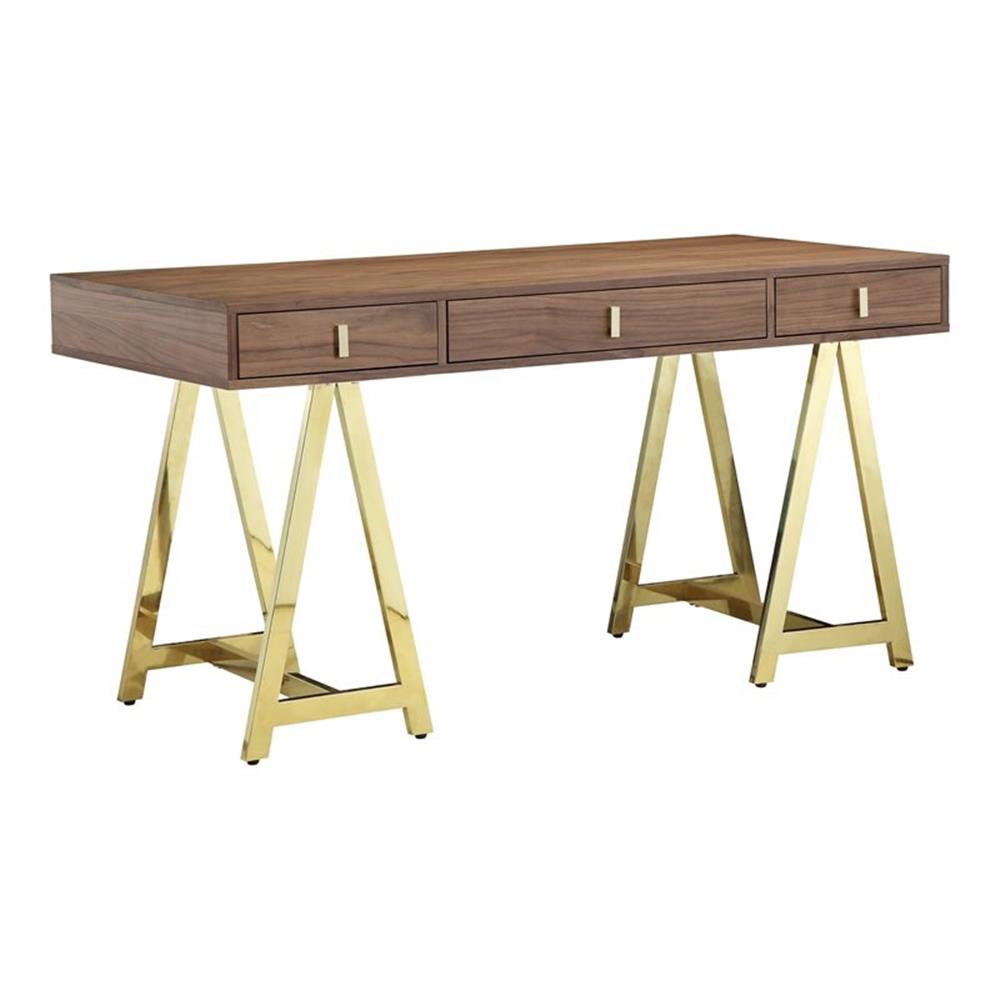 Pangea Home Riley Modern Wood Veneer and Steel Desk in Walnut/Gold