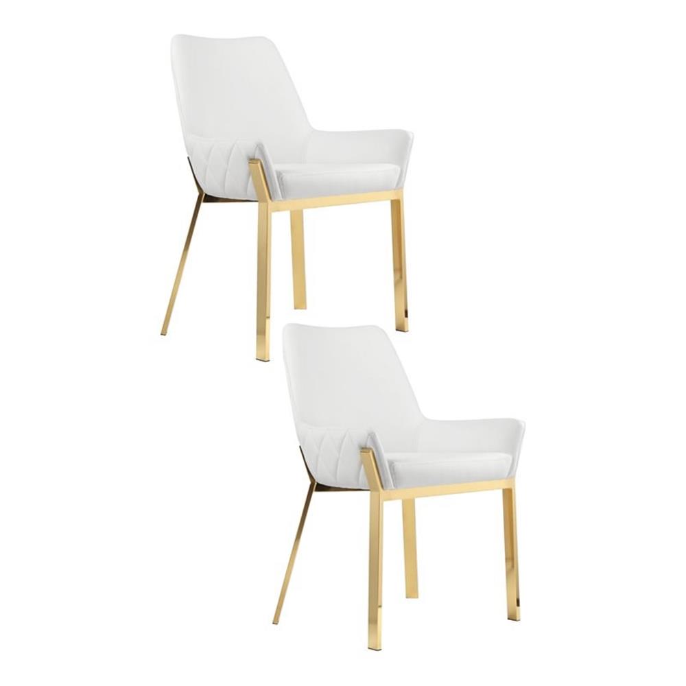 Pangea Home Hudson 19.3″ Faux Leather Tufted Chair in White/Gold (Set of 2)